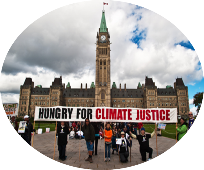 ClimateFast volunteers holding a banner in front of the Parliament Buildings that says "Hungry for Climate Change"